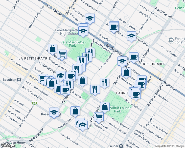 map of restaurants, bars, coffee shops, grocery stores, and more near 1295 Rue des Carrières in Montréal