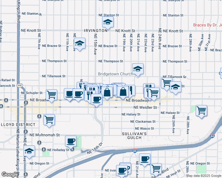 map of restaurants, bars, coffee shops, grocery stores, and more near 1818 Northeast 17th Avenue in Portland