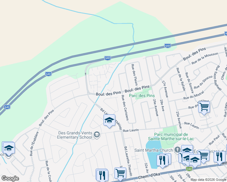map of restaurants, bars, coffee shops, grocery stores, and more near 3177 Boulevard des Pins in Sainte-Marthe-sur-le-Lac