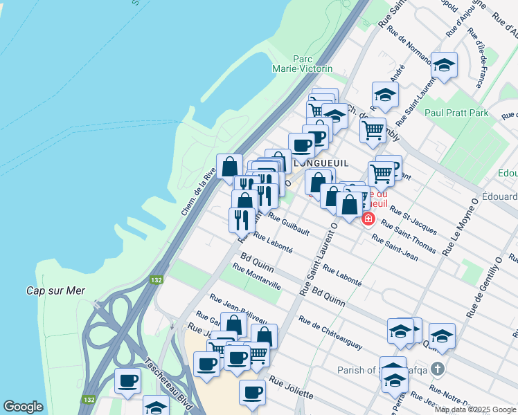 map of restaurants, bars, coffee shops, grocery stores, and more near 395 Rue Saint-Charles Ouest in Longueuil