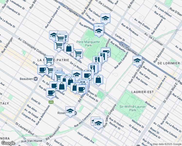 map of restaurants, bars, coffee shops, grocery stores, and more near 5845 Rue de la Roche in Montréal