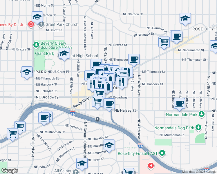 map of restaurants, bars, coffee shops, grocery stores, and more near 1777 Northeast 43rd Avenue in Portland