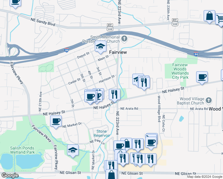 map of restaurants, bars, coffee shops, grocery stores, and more near 300 Lincoln Street in Fairview