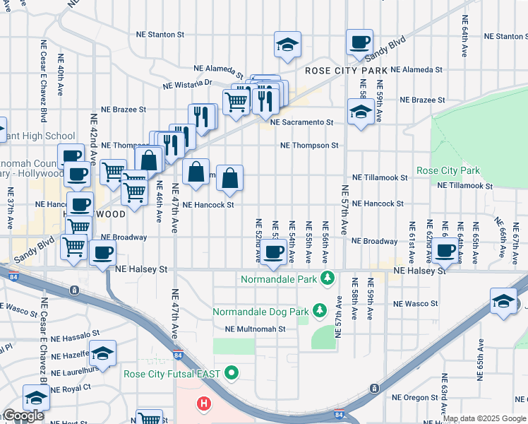 map of restaurants, bars, coffee shops, grocery stores, and more near 1725 Northeast 52nd Avenue in Portland