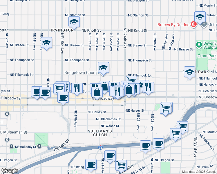 map of restaurants, bars, coffee shops, grocery stores, and more near 1737 Northeast 22nd Avenue in Portland