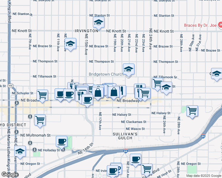 map of restaurants, bars, coffee shops, grocery stores, and more near 1820 Northeast Schuyler Street in Portland