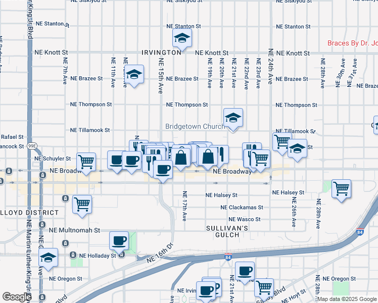 map of restaurants, bars, coffee shops, grocery stores, and more near 1820 Northeast Schuyler Street in Portland