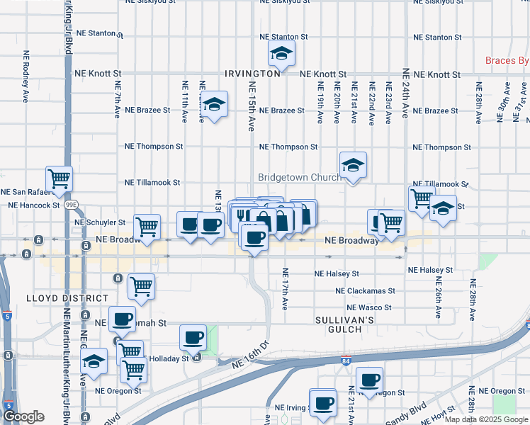 map of restaurants, bars, coffee shops, grocery stores, and more near 1602 Northeast Schuyler Street in Portland