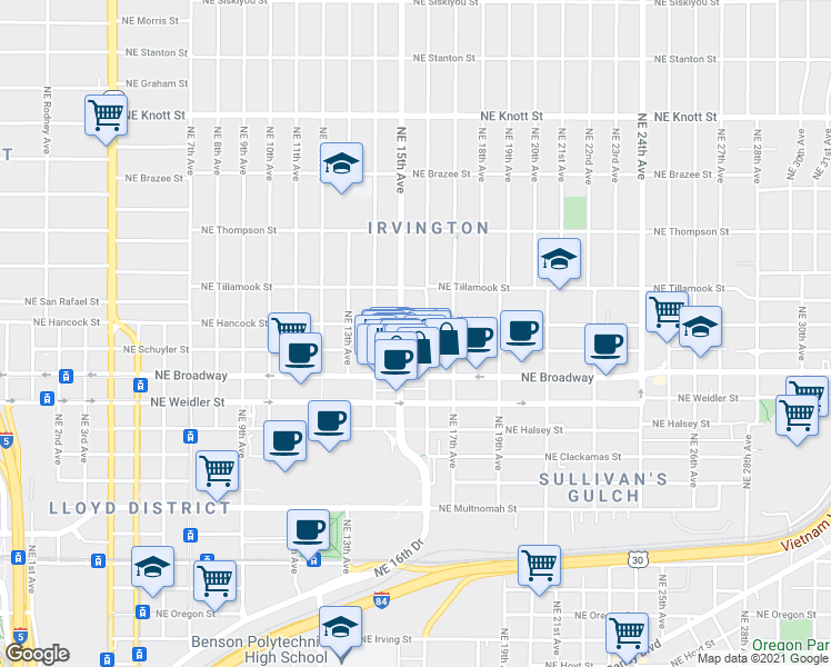 map of restaurants, bars, coffee shops, grocery stores, and more near Northeast 15th Avenue in Portland