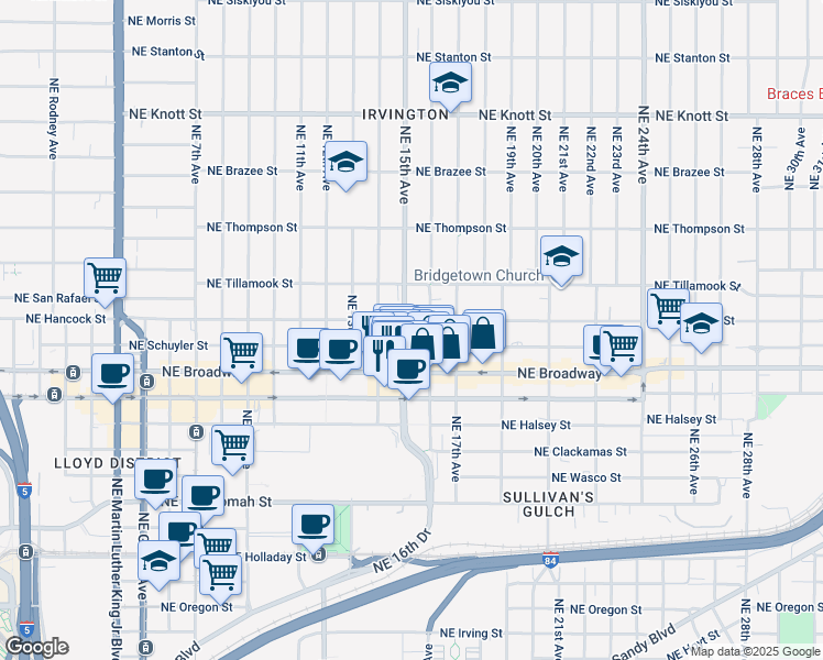 map of restaurants, bars, coffee shops, grocery stores, and more near Northeast 15th Avenue in Portland