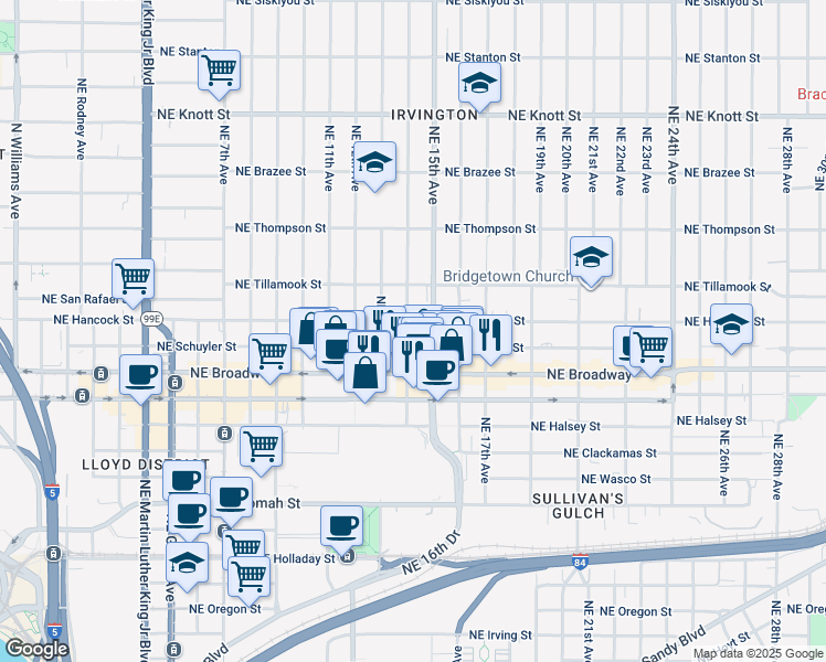 map of restaurants, bars, coffee shops, grocery stores, and more near 1312 Northeast Schuyler Street in Portland