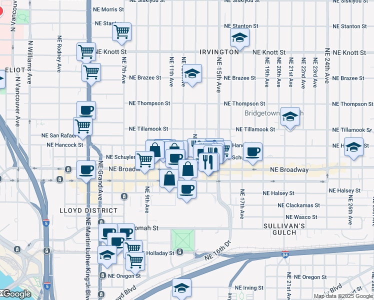 map of restaurants, bars, coffee shops, grocery stores, and more near 1205 Northeast Broadway in Portland