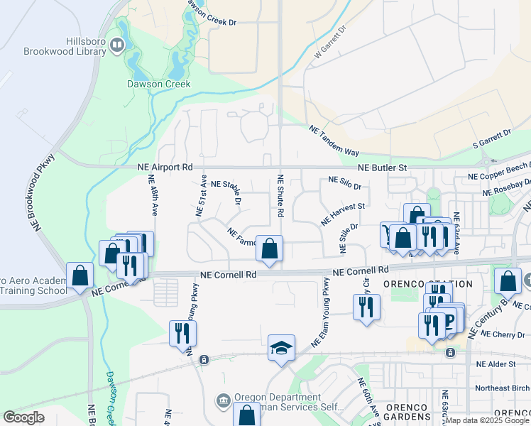 map of restaurants, bars, coffee shops, grocery stores, and more near 5488 Northeast Stanchion Court in Hillsboro
