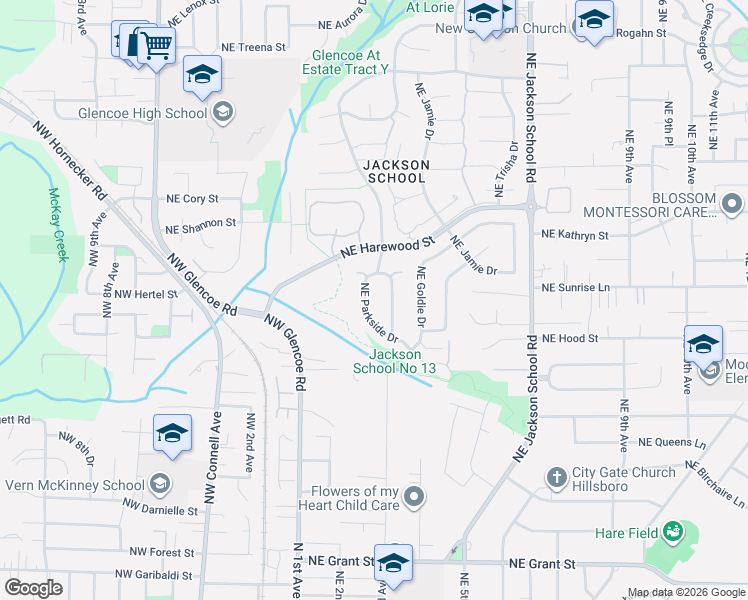 map of restaurants, bars, coffee shops, grocery stores, and more near 1439 Northeast Parkside Drive in Hillsboro