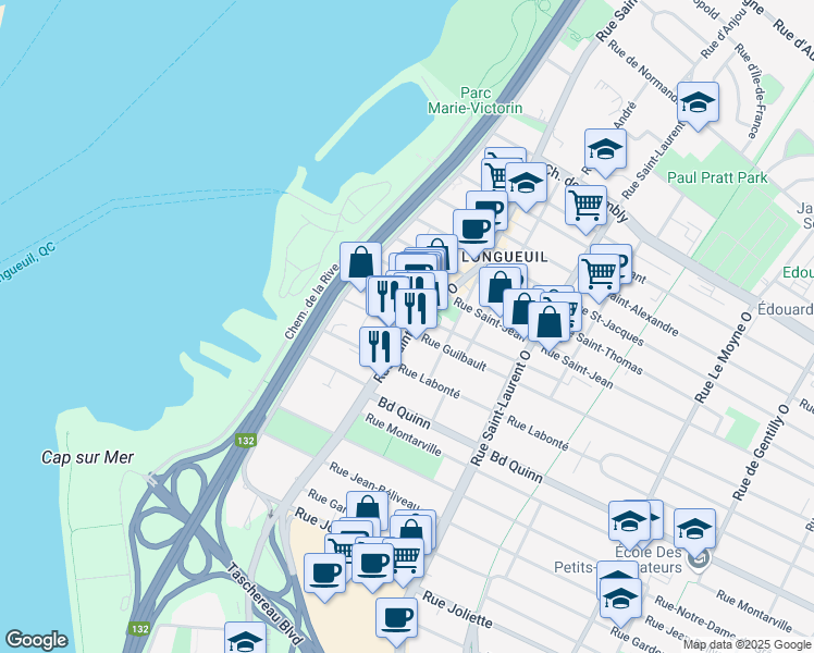 map of restaurants, bars, coffee shops, grocery stores, and more near 420 Rue Saint-Charles Ouest in Longueuil