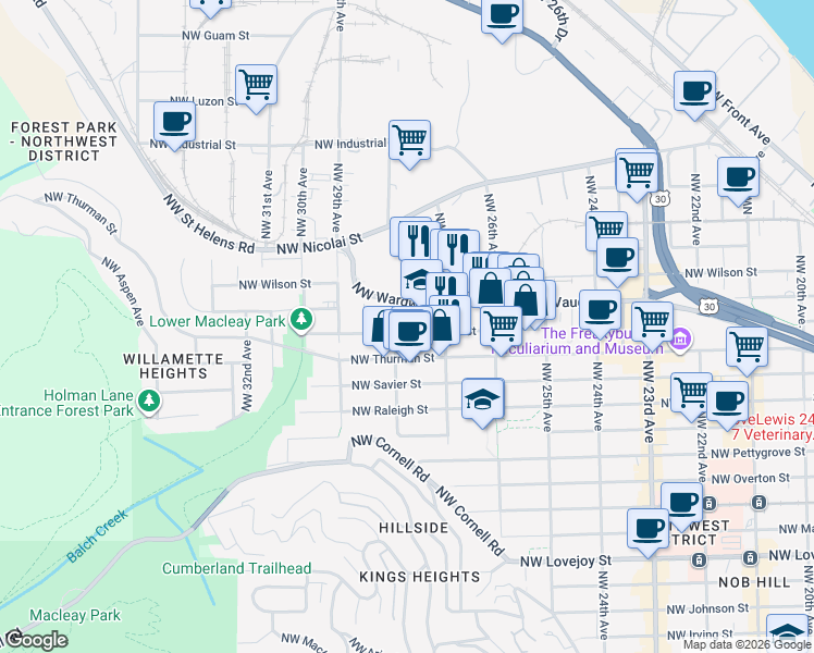 map of restaurants, bars, coffee shops, grocery stores, and more near 2775 Northwest Upshur Street in Portland