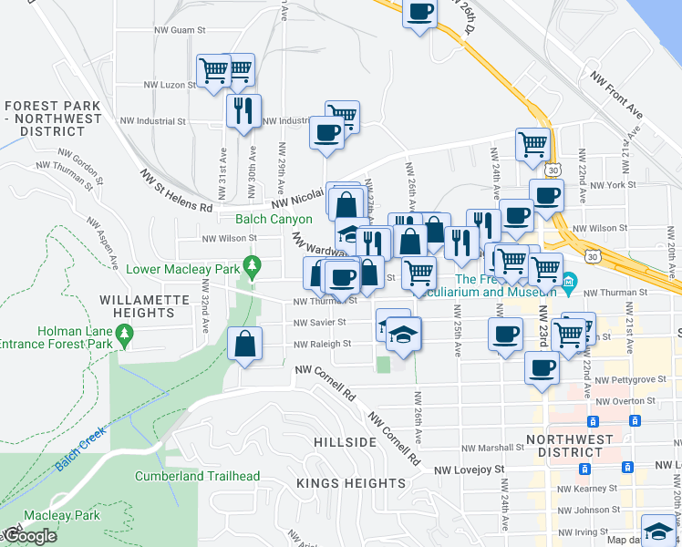 map of restaurants, bars, coffee shops, grocery stores, and more near 1841 Northwest 28th Avenue in Portland