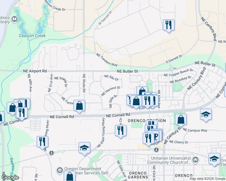 map of restaurants, bars, coffee shops, grocery stores, and more near 1438 Northeast Stile Drive in Hillsboro