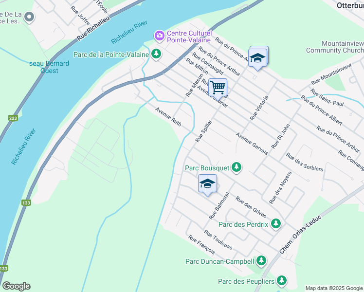 map of restaurants, bars, coffee shops, grocery stores, and more near Rue Vigneault in Otterburn Park