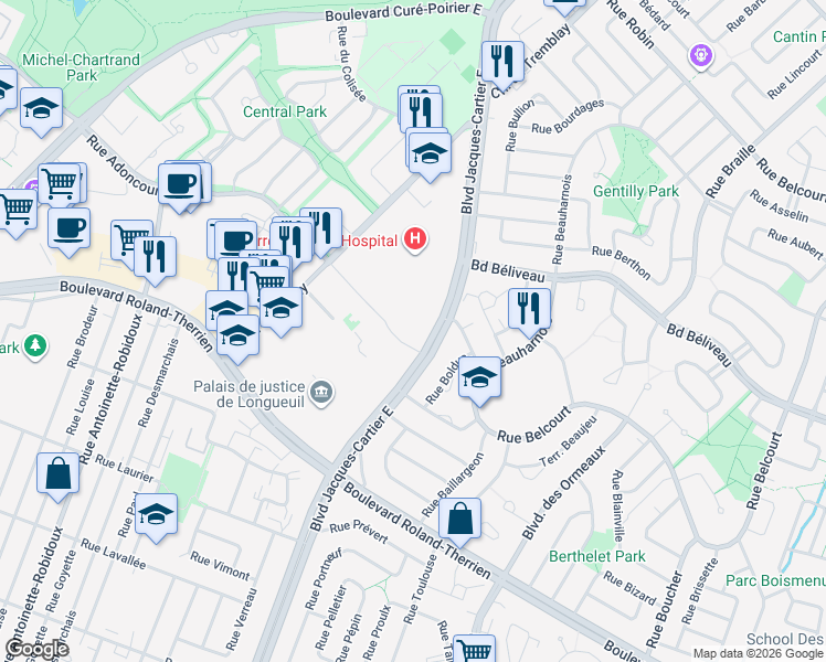 map of restaurants, bars, coffee shops, grocery stores, and more near 1303 Boulevard Jacques-Cartier Est in Longueuil