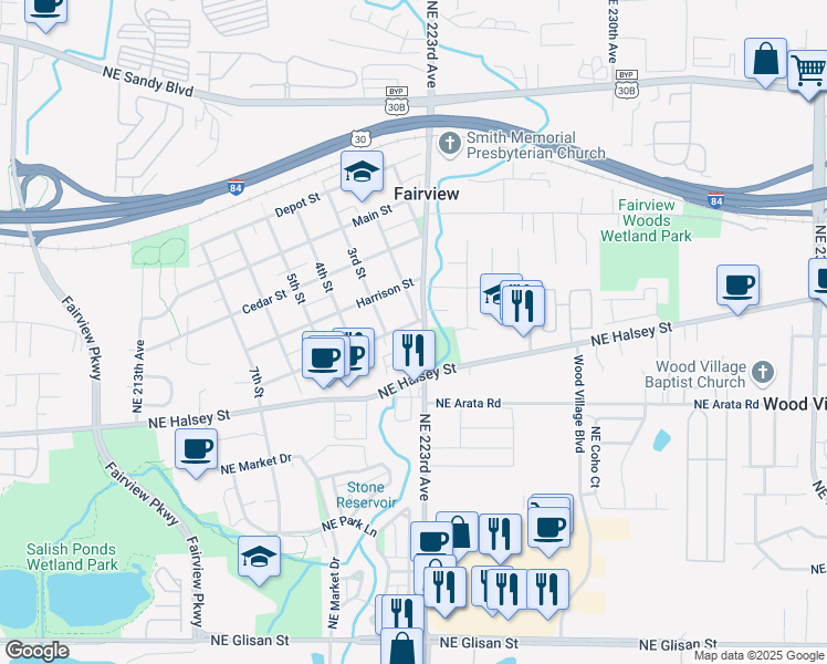map of restaurants, bars, coffee shops, grocery stores, and more near 230 Lincoln Street in Fairview