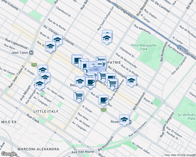 map of restaurants, bars, coffee shops, grocery stores, and more near 810 Rue Beaubien Est in Montréal