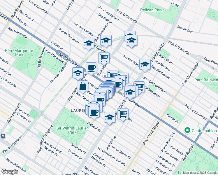 map of restaurants, bars, coffee shops, grocery stores, and more near 5136 Rue Papineau in Montréal