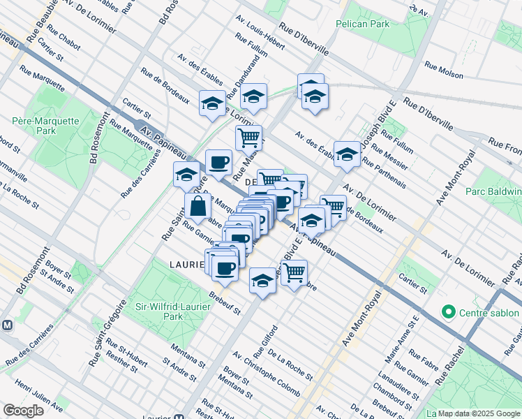 map of restaurants, bars, coffee shops, grocery stores, and more near 5136 Avenue Papineau in Montréal