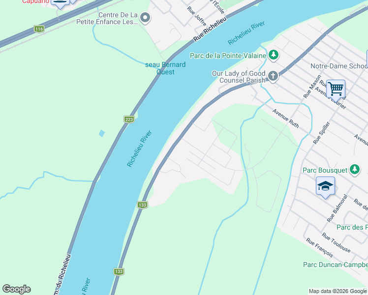 map of restaurants, bars, coffee shops, grocery stores, and more near 2208 Boulevard Dormicour in Otterburn Park