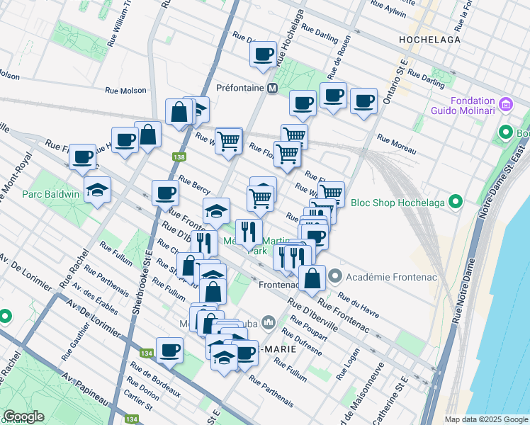 map of restaurants, bars, coffee shops, grocery stores, and more near 2741 Rue de Rouen in Montréal