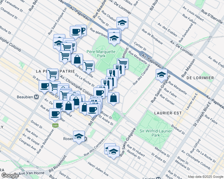 map of restaurants, bars, coffee shops, grocery stores, and more near Boulevard Rosemont & Rue de Normanville in Montréal