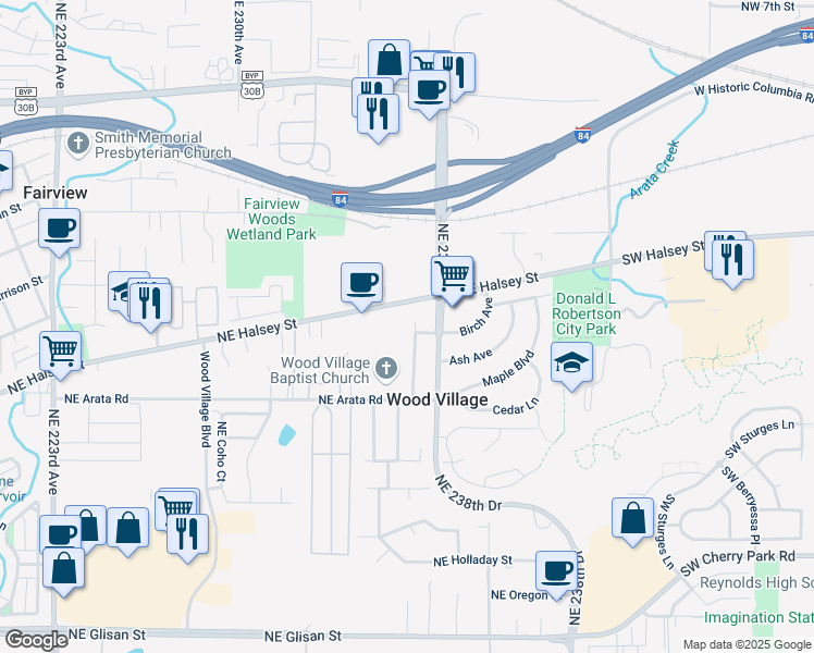 map of restaurants, bars, coffee shops, grocery stores, and more near 23654 Northeast Halsey Street in Wood Village