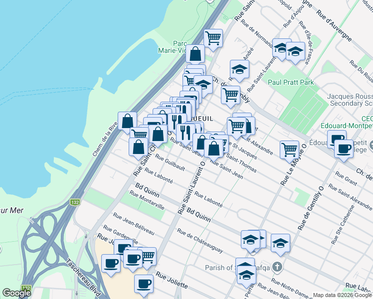 map of restaurants, bars, coffee shops, grocery stores, and more near 192 Rue Saint-Jean in Longueuil