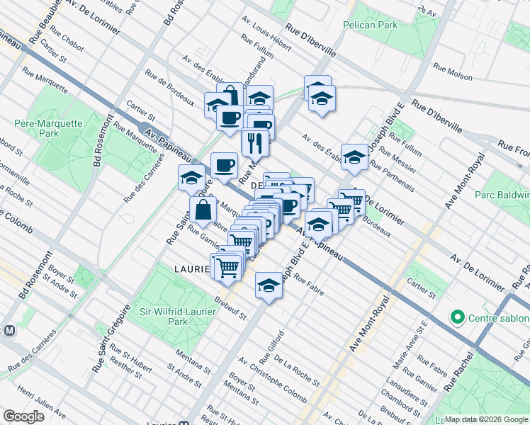 map of restaurants, bars, coffee shops, grocery stores, and more near 5150 Avenue Papineau in Montréal