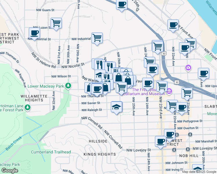 map of restaurants, bars, coffee shops, grocery stores, and more near 2655 Northwest Vaughn Street in Portland