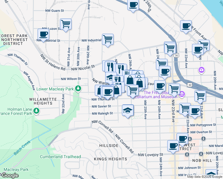 map of restaurants, bars, coffee shops, grocery stores, and more near 2701 Northwest Vaughn Street in Portland