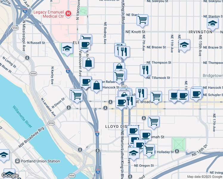 map of restaurants, bars, coffee shops, grocery stores, and more near 206 Northeast San Rafael Street in Portland