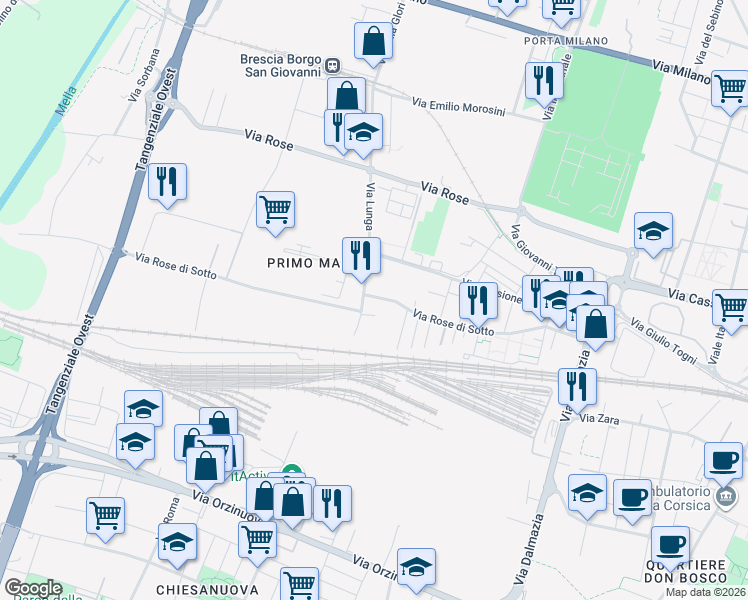 map of restaurants, bars, coffee shops, grocery stores, and more near 253 Via Rose di Sotto in Brescia