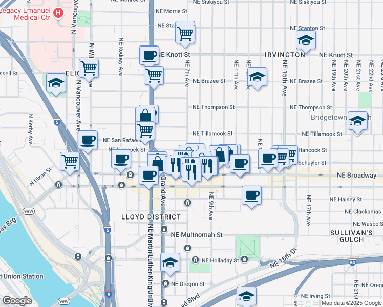 map of restaurants, bars, coffee shops, grocery stores, and more near 2007 Northeast 8th Avenue in Portland