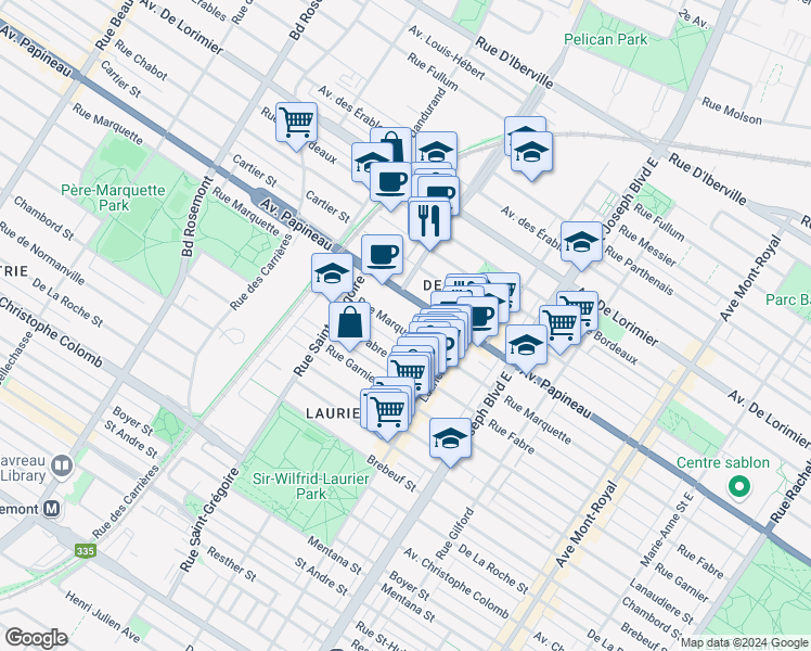 map of restaurants, bars, coffee shops, grocery stores, and more near 5227 Rue Marquette in Montréal