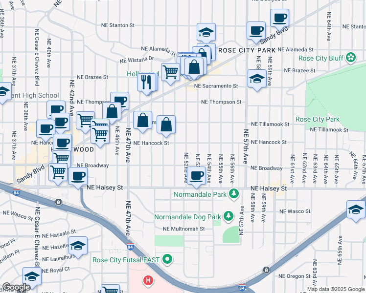map of restaurants, bars, coffee shops, grocery stores, and more near 1923 Northeast 52nd Avenue in Portland