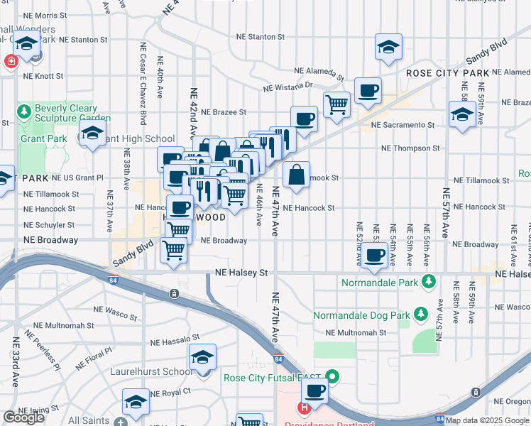 map of restaurants, bars, coffee shops, grocery stores, and more near 1925 Northeast 46th Avenue in Portland