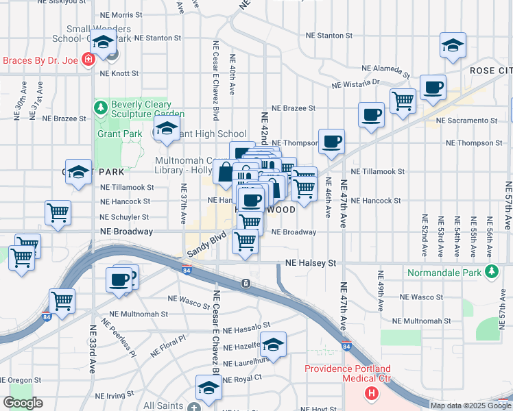 map of restaurants, bars, coffee shops, grocery stores, and more near 1925 Northeast 42nd Avenue in Portland
