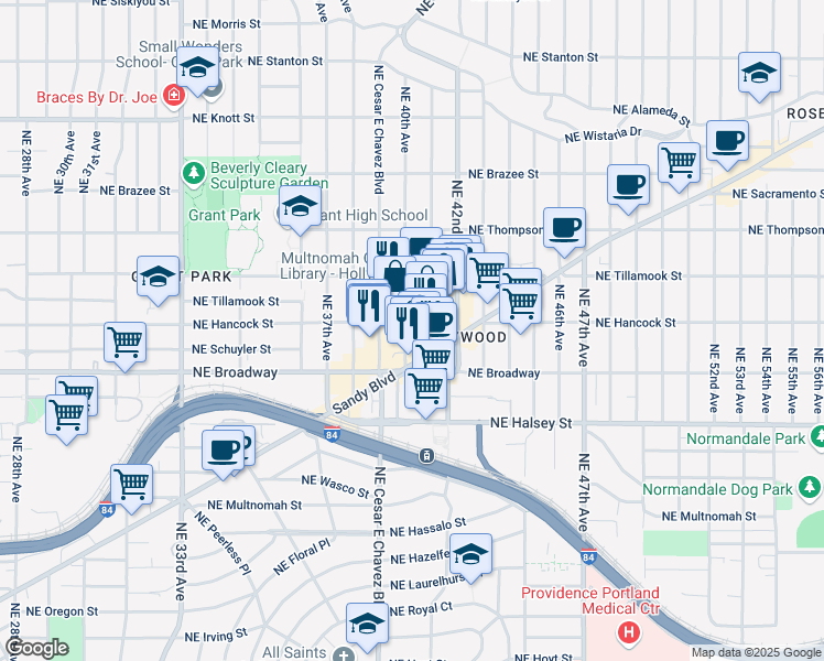 map of restaurants, bars, coffee shops, grocery stores, and more near 1926 Northeast 40th Avenue in Portland