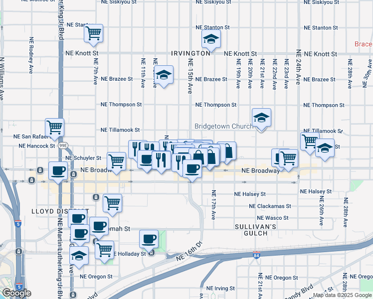 map of restaurants, bars, coffee shops, grocery stores, and more near 2002 Northeast 15th Avenue in Portland
