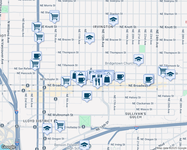 map of restaurants, bars, coffee shops, grocery stores, and more near 2007 Northeast 14th Avenue in Portland