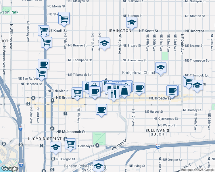 map of restaurants, bars, coffee shops, grocery stores, and more near 2007 Northeast 14th Avenue in Portland