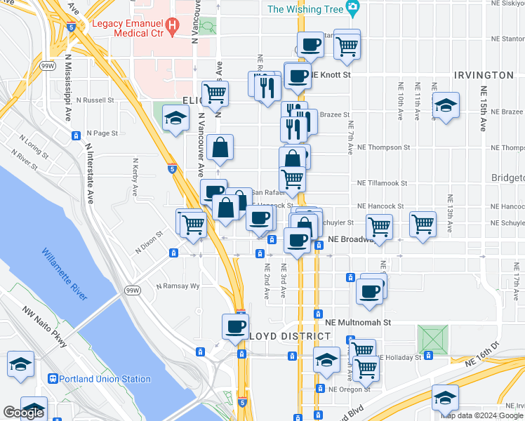 map of restaurants, bars, coffee shops, grocery stores, and more near 104 Northeast San Rafael Street in Portland