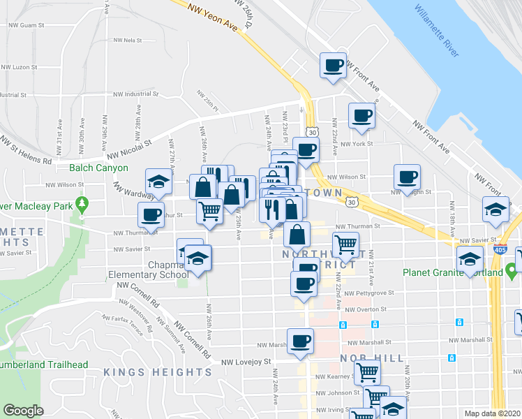 map of restaurants, bars, coffee shops, grocery stores, and more near in Portland