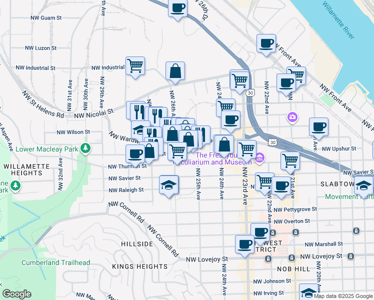 map of restaurants, bars, coffee shops, grocery stores, and more near in Portland